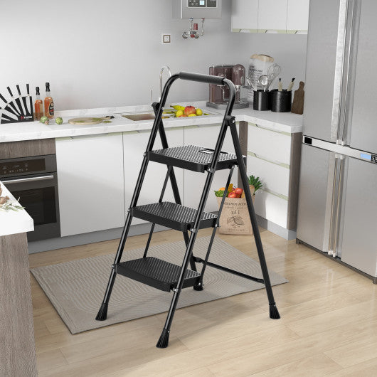 Portable Folding 3 Step Ladder with Wide Anti-Slip Pedal and Convenient Handle-Black