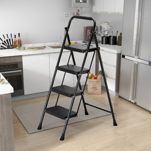 Portable Folding 4 Step Ladder Stool for Adults with Wide Anti-Slip Pedal-Black
