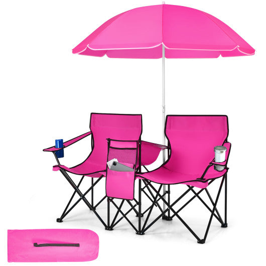 Portable Folding Picnic Double Chair With Removable Umbrella-Pink