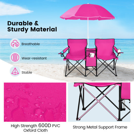 Portable Folding Picnic Double Chair With Removable Umbrella-Pink