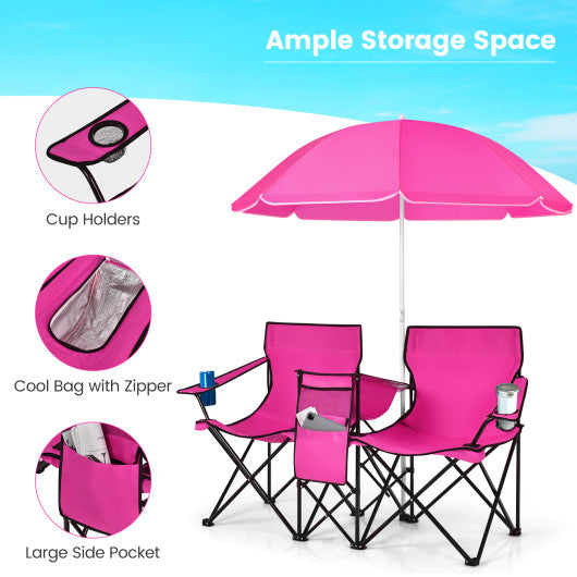 Portable Folding Picnic Double Chair With Removable Umbrella-Pink