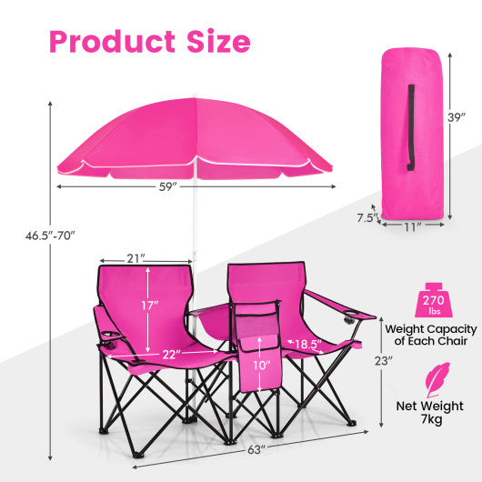 Portable Folding Picnic Double Chair With Removable Umbrella-Pink