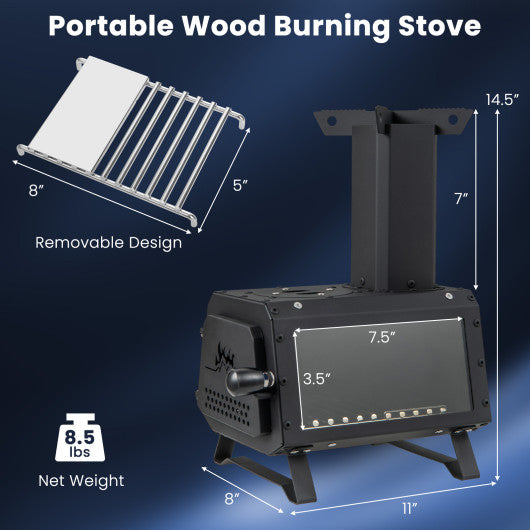 Patented Portable Wood Camping Burning Stove Heater with 2 Cooking Positions