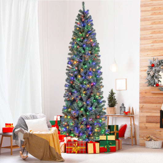 6.5/7.5 Feet Pre-Lit Blue Artificial Christmas Tree Slim with 9 Lighting Modes-9 ft