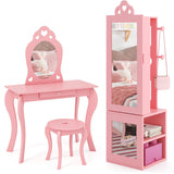 Princess Vanity Table and Stool Set Freestanding Jewelry Cabinet Armoire with Full-Length Mirror-Pink