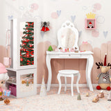 Princess Vanity Table and Stool Set Freestanding Jewelry Cabinet Armoire with Full-Length Mirror-White