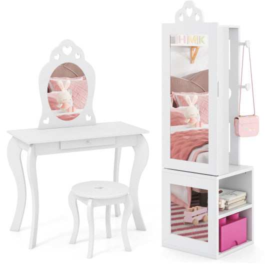 Princess Vanity Table and Stool Set Freestanding Jewelry Cabinet Armoire with Full-Length Mirror-White
