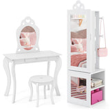 Princess Vanity Table and Stool Set Freestanding Jewelry Cabinet Armoire with Full-Length Mirror-White