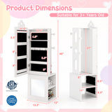 Princess Vanity Table and Stool Set Freestanding Jewelry Cabinet Armoire with Full-Length Mirror-White