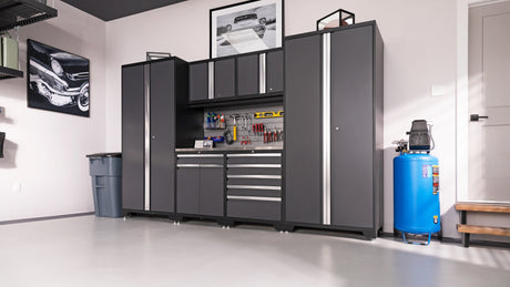 Pro Series 9 Piece Cabinet Set with Wall, Base, Tool Drawer Cabinet, Lockers, Utility Cart and 84 In. Worktop