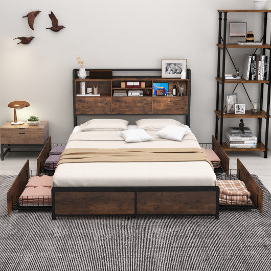 Full/Queen Size Bed Frame with Bookcase Headboard and 4 Storage Drawers-Queen Size