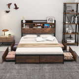 Full/Queen Size Bed Frame with Bookcase Headboard and 4 Storage Drawers-Queen Size
