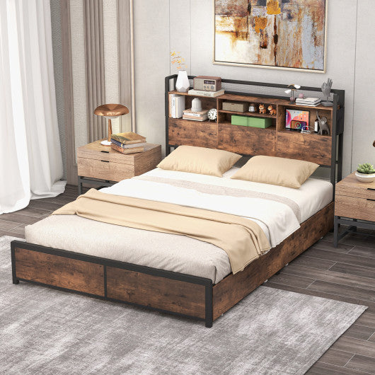 Full/Queen Size Bed Frame with Bookcase Headboard and 4 Storage Drawers-Queen Size
