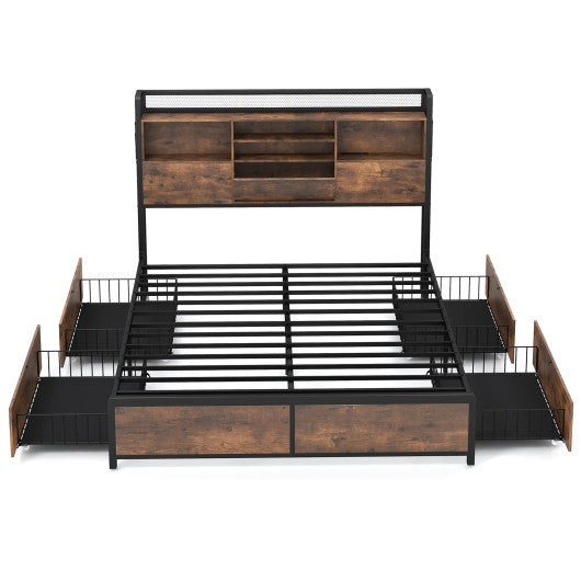 Full/Queen Size Bed Frame with Bookcase Headboard and 4 Storage Drawers-Queen Size