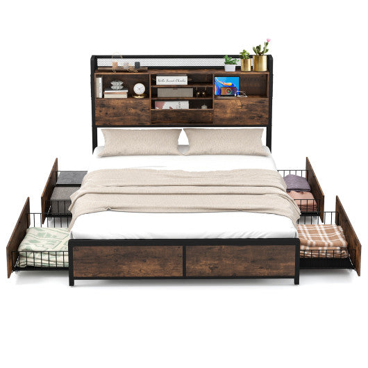 Full/Queen Size Bed Frame with Bookcase Headboard and 4 Storage Drawers-Queen Size