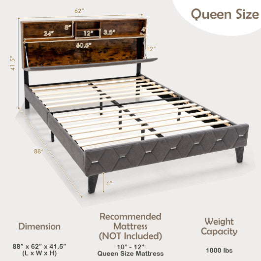 Full/Queen Size Upholstered Bed Frame with Storage Headboard-Queen Size