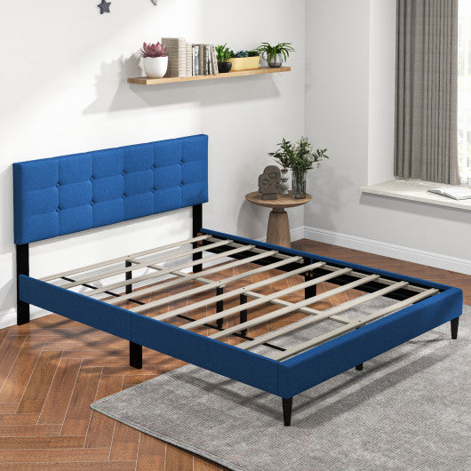 Queen Size Upholstered Platform Bed with Button Tufted Headboard-Blue