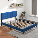 Queen Size Upholstered Platform Bed with Button Tufted Headboard-Blue