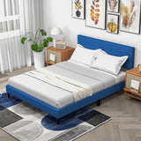 Queen Size Upholstered Platform Bed with Button Tufted Headboard-Blue