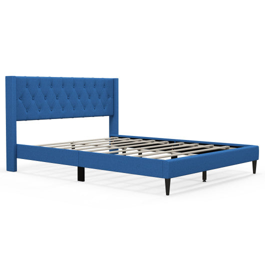 Queen Size Upholstered Platform Bed with Button Tufted Wingback Headboard-Blue