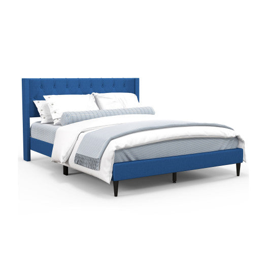 Queen Size Upholstered Platform Bed with Button Tufted Wingback Headboard-Blue