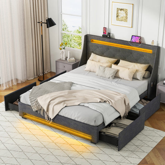 Queen Size Upholstered Platform Bed Frame with LED Lights and Charging Station-Grey