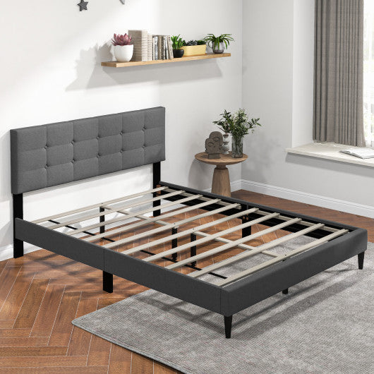 Queen Size Upholstered Platform Bed with Button Tufted Headboard-Gray
