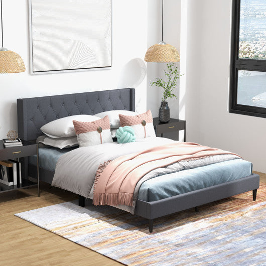 Queen Size Upholstered Platform Bed with Button Tufted Wingback Headboard-Gray