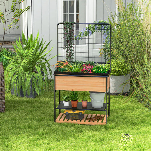 Raised Garden Bed with Trellis 2-tier Storage Shelves-Natural