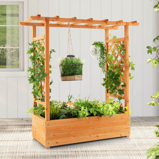 Raised Garden Bed with Trellis or Climbing Plant and Pot Hanging-Natural