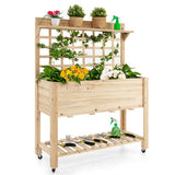 Wooden Raised Garden Bed with Wheels Trellis and Storage Shelf