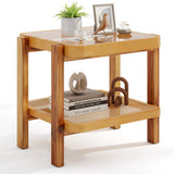 Rattan 2-Tier End Side Table with Tempered Glass Top Acacia Wood Legs-Brown