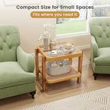 Rattan 2-Tier End Side Table with Tempered Glass Top Acacia Wood Legs-Brown