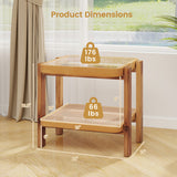 Rattan 2-Tier End Side Table with Tempered Glass Top Acacia Wood Legs-Brown