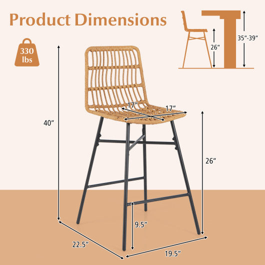 Set of 2 Rattan Bar Stools with Sturdy Metal Frame-Yellow