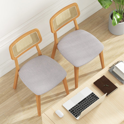 Rattan Dining Chair Set of 2 with Can Back and Rubber Wood Frame-Natural