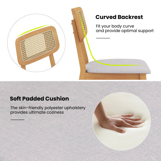 Rattan Dining Chair Set of 2 with Can Back and Rubber Wood Frame-Natural