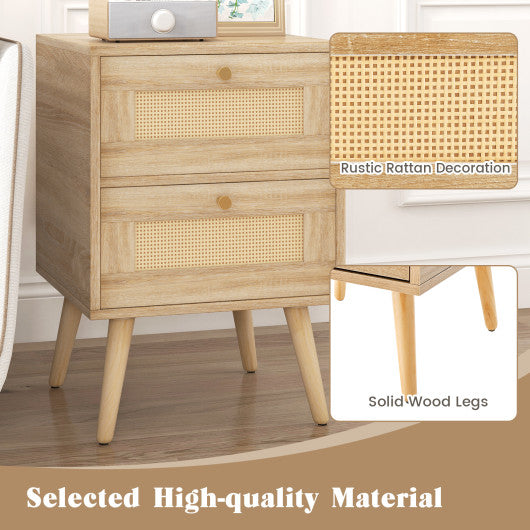 Rattan Nightstand Boho Accent Bedside Table with 2 Storage Drawers-Natural
