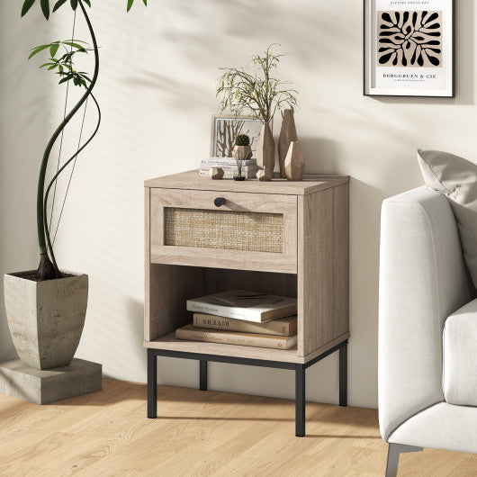 Rattan Nightstand Boho End Table with Rattan Drawer and Open Shelf Set of 2-Oak