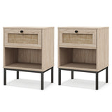 Rattan Nightstand Boho End Table with Rattan Drawer and Open Shelf Set of 2-Oak