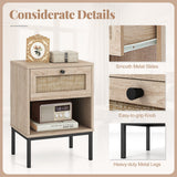 Rattan Nightstand Boho End Table with Rattan Drawer and Open Shelf Set of 2-Oak