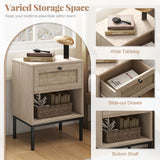 Rattan Nightstand Boho End Table with Rattan Drawer and Open Shelf Set of 2-Oak