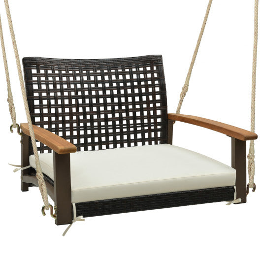 Single Rattan Porch Swing with Armrests Cushion and Hanging Ropes-White