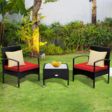 3 Pieces Patio Wicker Rattan Furniture Set with Cushion for Lawn Backyard-Red