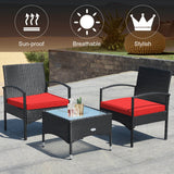 3 Pieces Patio Wicker Rattan Furniture Set with Cushion for Lawn Backyard-Red