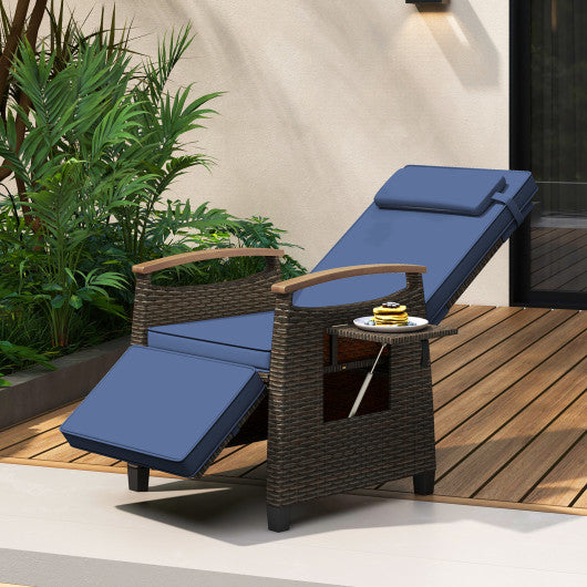 Patio Wicker Recliner Chair with Adjustable Backrest and Footrest-Navy