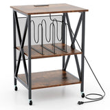 Mid-Century Record Player Stand with Built-in Charging Station-Rustic Brown