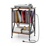 Mid-Century Record Player Stand with Built-in Charging Station-Rustic Brown