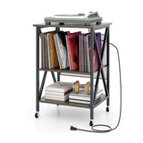 Mid-Century Record Player Stand with Built-in Charging Station-Gray