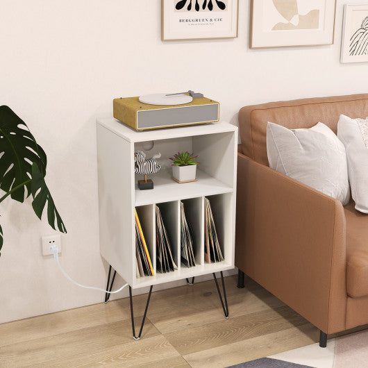 Record Player Stand with Charging Station for Living Room Bedroom-White